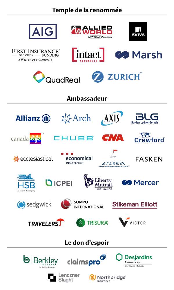 Partenaires JAC 2023: AIG, Allied World, Intact Instance, Aviva, Marsh, Zurich, Arch, Axis, CNA, Crawford, Economical Insurance, Everst Insurance Company of Canada, HSB, ICPEI, Sedgwick, Travelers, Trisura, Victor, Lenczner Slaght, Northbridge Insurance