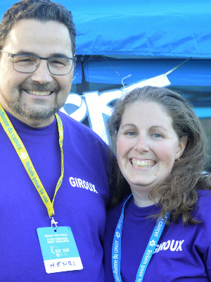 My dad and I walking for Cancer at the relay for life. We wear purple as that is the colour that represents blood cancer.